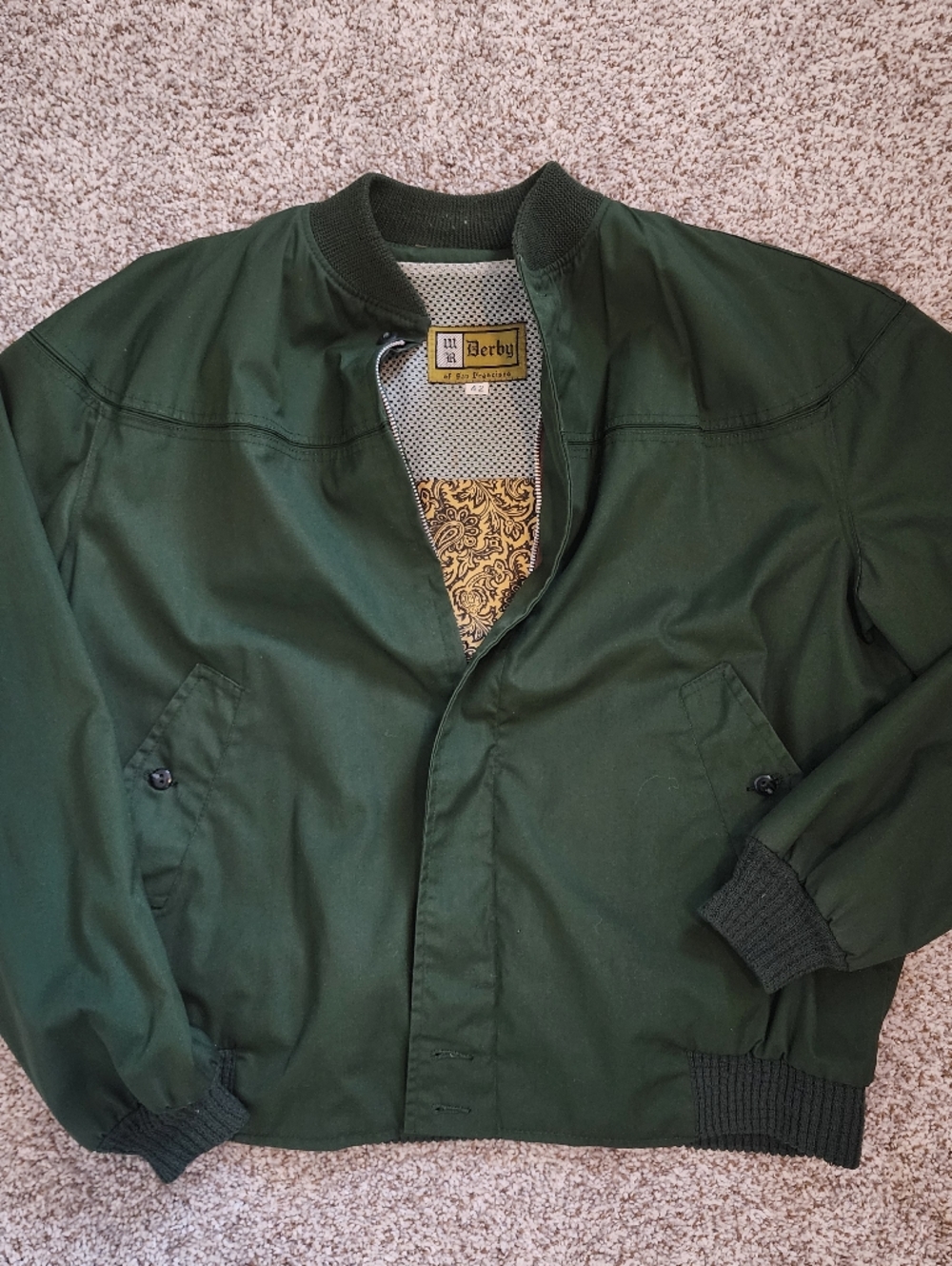 ✨️Auth. VTG 60'S DERBY SF Bomber Jacket Green Gold Paisley Lining 42 L  Retro 😎